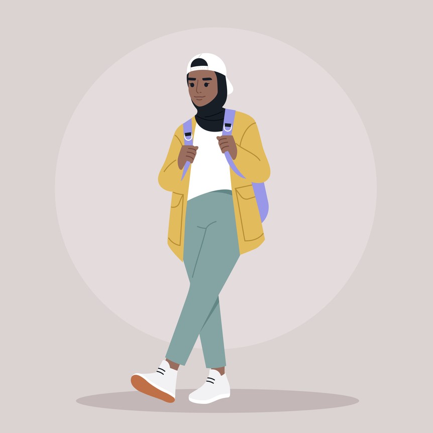 person in hijab and cap stepping forward