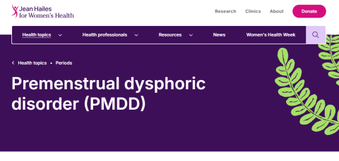 Website home page, dark purple background with white writing that says premenstrual dysphoric disorder (PMDD)