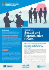 Front page of sexual and reproductive health topic brief by WHO. Mostly small text with some dark illustrated shadow style groups of young people at the top of the page.