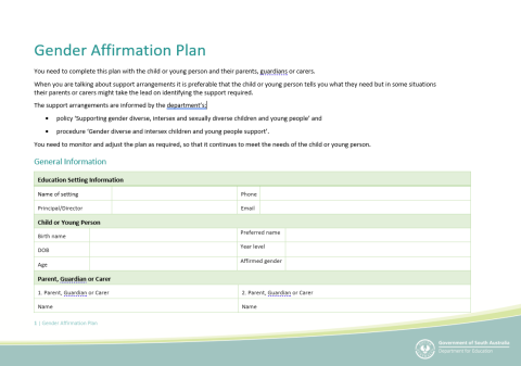 Gender affirmation plan document front page