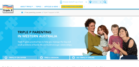 triple p parenting in WA homepage with two adults and two children pictured to right of page