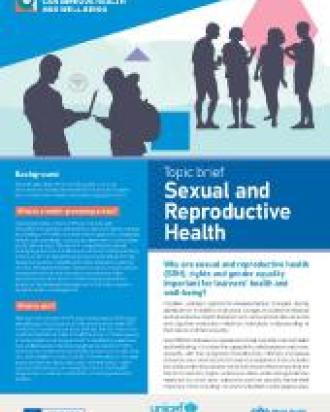 Front page of sexual and reproductive health topic brief by WHO. Mostly small text with some dark illustrated shadow style groups of young people at the top of the page.