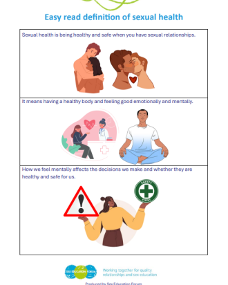 front page of document titled easy read definition of sexual health.  broken into three sections. Each box has one sentence and one image introducing sexual health/